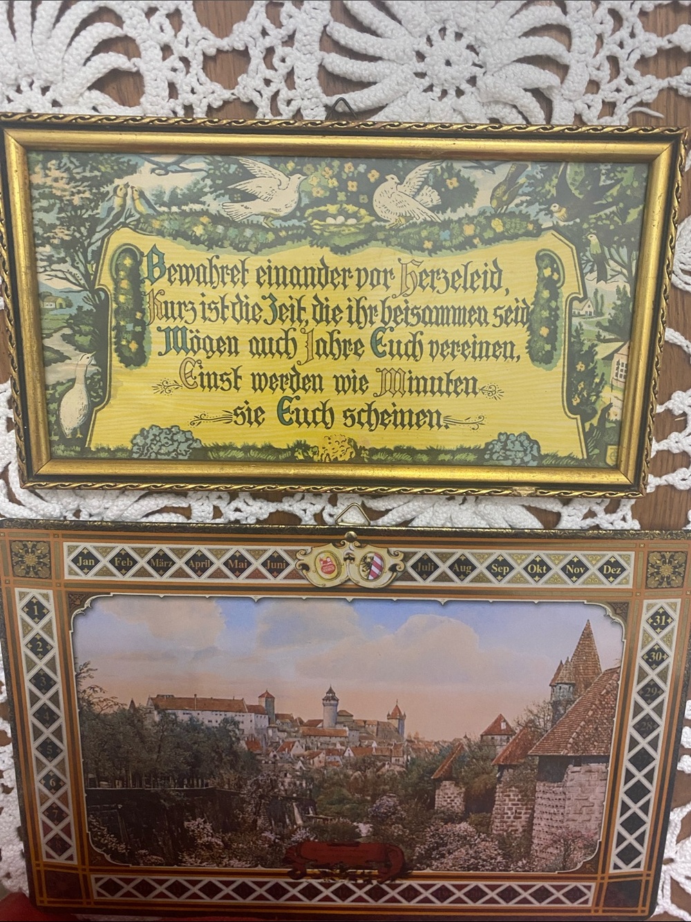 Vintage German Gold Framed Wall Art - Scenic & Script Prints (Gold)
